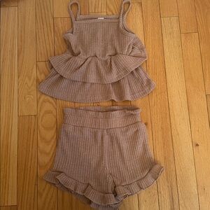 Ribbed Ruffle Tank & Shorts Set - Taupe